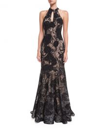 Jovani Floral Embellished Sleeveless Halter Evening Gown at Neiman Marcus